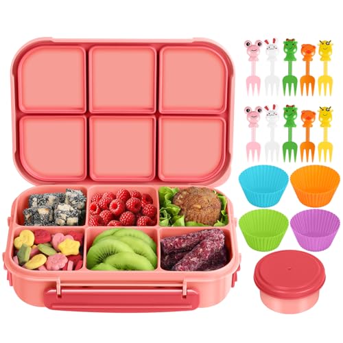 Amathley Lunch Box Kids Girls Boys,Bento Box Adult,Toddler Lunch Containers for School,Leakproof Snack Containers with 6 Compartments,Sauce Container,10 Food Picks and 4 Muffin Cups (Pink) - color: Pink