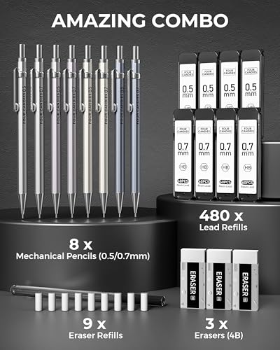 8PCS Metal Mechanical Pencil Set, 0.5mm & 0.7mm, Pack with Storage Case | 480 Leads, 3 Erasers+9 Refills, for School Writing, Sketching, Art Drawing & Professional Drafting - style: 8PCS 0.5 +0.7 mm
