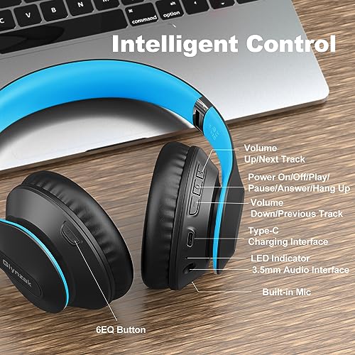 Wireless Bluetooth Headphones Over Ear 65H Playtime HiFi Stereo Headset with Microphone and 6EQ Modes Foldable Bluetooth V6.0 Headphones for Travel Smartphone Computer Laptop - color: Blue