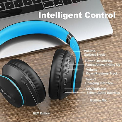 Wireless Bluetooth Headphones Over Ear 65H Playtime HiFi Stereo Headset with Microphone and 6EQ Modes Foldable Bluetooth V6.0 Headphones for Travel Smartphone Computer Laptop - color: Blue