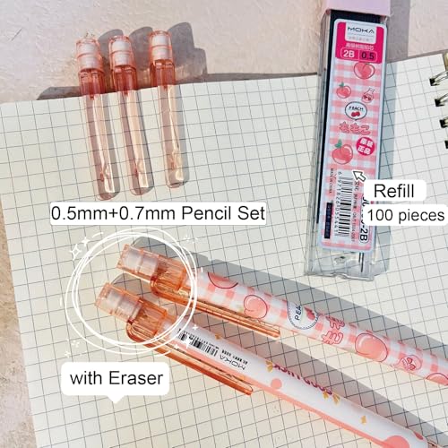 Cute Peach Mechanical Pencil Set Includes 0.5mm and 0.7mm Pencils with Lead Refills and Erasers, Pink Kawaii Mechanical Pencil for Women Girl Men Boy Office School Supplies (Peach) - color: Peach