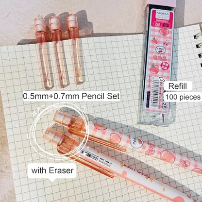 Cute Peach Mechanical Pencil Set Includes 0.5mm and 0.7mm Pencils with Lead Refills and Erasers, Pink Kawaii Mechanical Pencil for Women Girl Men Boy Office School Supplies (Peach) - color: Peach