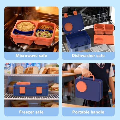 Bento Box for Kids, Leakproof Kids Bento Lunch Box Container with 8oz Insulated Thermo Food Jar, Sauce Jar, Utensil, DIY Stickers for School Boys Girls, 3-4 Compartments, BPA-Free - color: Navy Orange