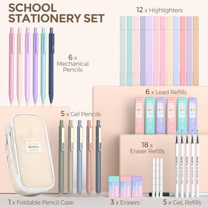 Nicpro School Supplies Stationary Set with Pencil Case, 39 PCS Cream | Back to Schoo Supplies, Pen Case with 12 Highlighter, 5 Gel Pen, 6 Mechanical Pencil, Essentials for College, Nursing Student - color: Cream, size: 39 PCS