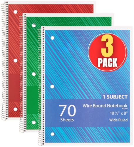 1InTheOffice Spiral Notebook College Ruled, One Subject Spiral Notebook, Spiral Bound Notebook, 10.5" x 8", 3-Hole Punched, 70 Sheets, Assorted Colors, 3 Pack