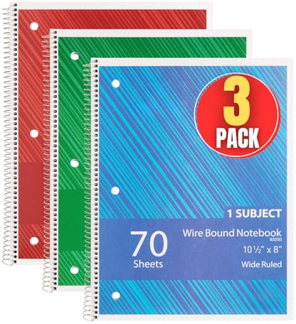 1InTheOffice Spiral Notebook College Ruled, One Subject Spiral Notebook, Spiral Bound Notebook, 10.5" x 8", 3-Hole Punched, 70 Sheets, Assorted Colors, 3 Pack