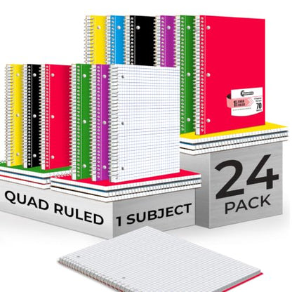 Rosmonde 24 Pack 1 Subject Graph Paper Spiral Notebook, 70 Sheets/140 Pages | Bulk 4x4 Grid Quad Ruled Spiral Notebook, 8 x 10-1/2", 3 Hole Punched, Bulk Quad Ruled Graph Paper Spiral Notebooks, Assorted - size: 24 Pack