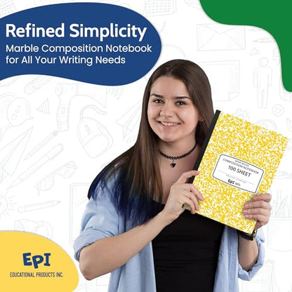 4 Pack - EPI Wide Ruled Marble Composition Notebook - Yellow 200 Page Note Book - 9.75 x 7.5 Inch Hardcover Journal with Sewn Binding for Secure Pages - Classroom Back to School Supplies - color: Yellow, size: 4