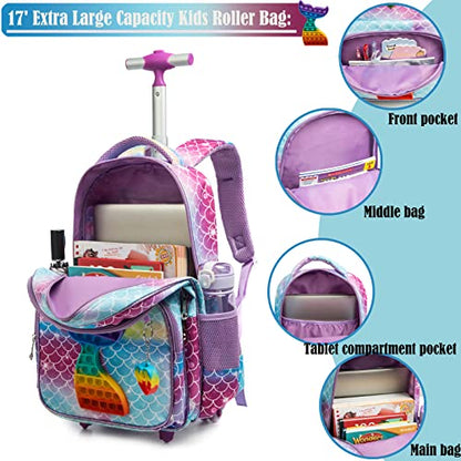 School Kids Rolling Backpack for Girls With Wheels Trolley Wheeled Backpack - color: Blue-220224-l