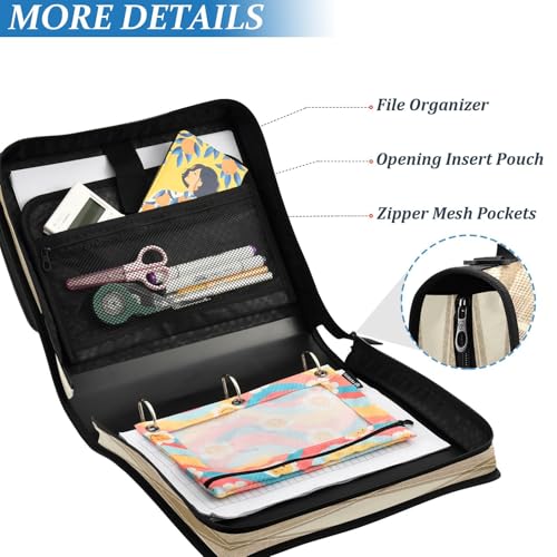 Light Brown Plaid Pattern Zipper Binder 3 Ring with Shoulder Strap and Handle Multiple Pockets Expanding File Folder Organizer