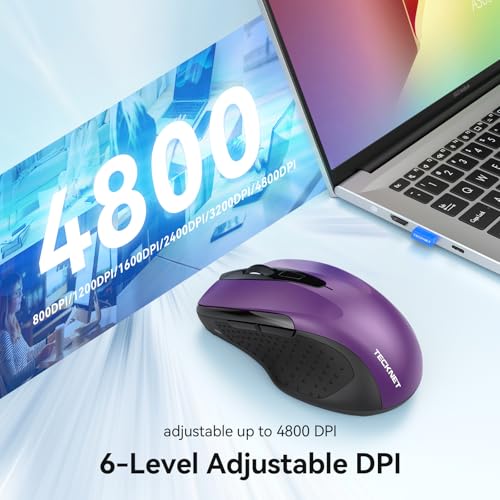 TECKNET Rechargeable Jiggler Wireless Mouse (BT5.0/3.0 & 2.4G) 4800 DPI Silent USB A & Bluetooth Mouse 6 Buttons, Wide Compatibility - Purple - color: Purple