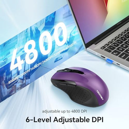 TECKNET Rechargeable Jiggler Wireless Mouse (BT5.0/3.0 & 2.4G) 4800 DPI Silent USB A & Bluetooth Mouse 6 Buttons, Wide Compatibility - Purple - color: Purple