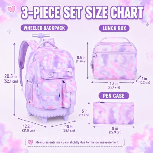 CCJPX Rolling Backpack for Girls, 3Pcs Roller Wheeled School Bookbag, Tie-dye Wheels Backpacks with Lunch Box for Kids (Pink) - color: Cloud Purple