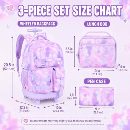 CCJPX Rolling Backpack for Girls, 3Pcs Roller Wheeled School Bookbag, Tie-dye Wheels Backpacks with Lunch Box for Kids (Pink) - color: Cloud Purple