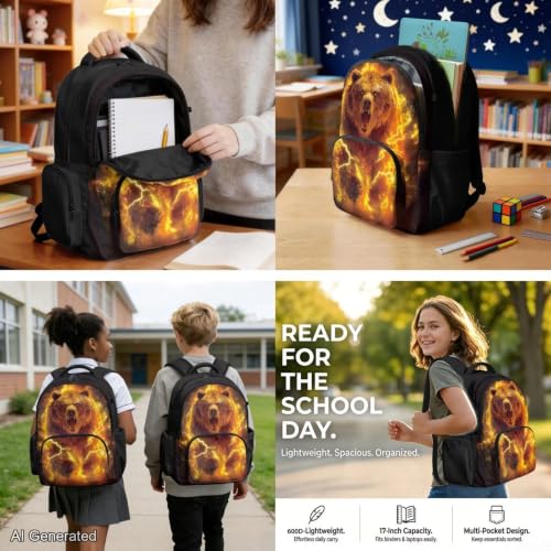 Cool Bear Backpack for Boys Kids Backpack for Girls with Lunch Bag Pencil Case Bottle Bag Kids Bookbag Teen Girl Backpacks for Elementary Middle High School 17 inch Back-to-School Gifts - color: Cool Bear