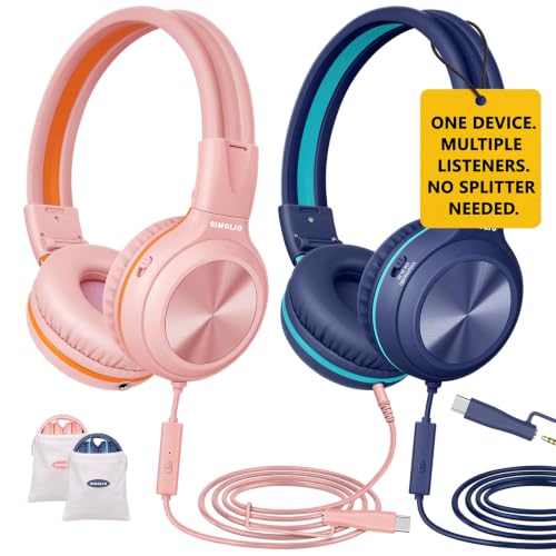 SIMOLIO 2 Pack Wired Headphones for Kids, USB C to 3.5mm Dongle, Share Port | Manyshare Series, Foldable Headsets for Teens Girls Boys, 3-Level Volume Limiter with Pouch for iPhone iPad PC School Travel - color: Barbie Pink & Blue