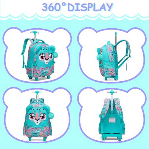 Meetbelify Rolling Backpack with Wheels - Cute Carry On for Elementary Students - Travel Suitcase for Girls 8-10 - color: Green