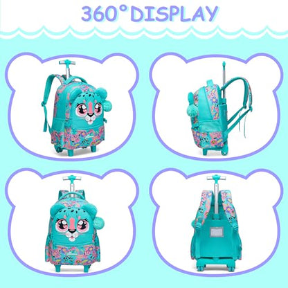 Meetbelify Rolling Backpack with Wheels - Cute Carry On for Elementary Students - Travel Suitcase for Girls 8-10 - color: Green