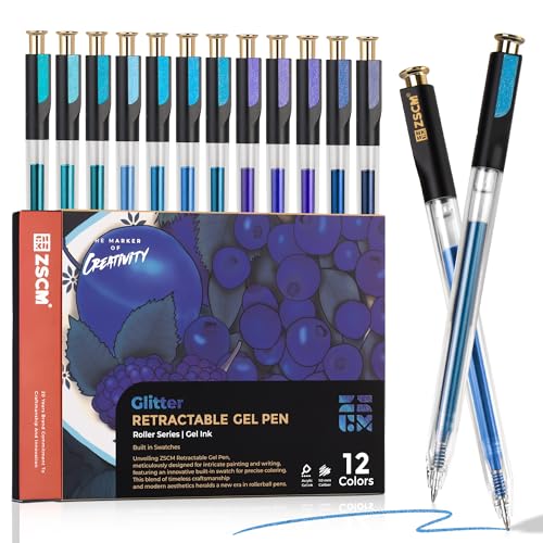 ZSCM Retractable Glitter Gel Pens, 12 Colors Large Capacity Blue Glitter Metallic Gel Ink Pen, 1 mm Fine Point Smooth Writing Color Pens for Adult Coloring Book Note Taking Aesthetic Art Supplies - color: 12 Blue