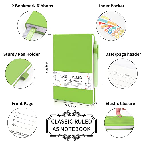 feela 12 Pack Notebooks Journals Bulk, Hardcover Notebook Classic Ruled Lined Journals with Pen Holder for Women Girls School Business Supplies, with 12 Black Pens, 120 GSM, 5.1”x8.3”, A5, Green - color: 12 Green