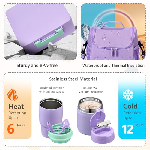 Pawtong Lunch Box Set with Bento Box Container, 17OZ Stainless Steel Food Soup Thermo, Kids Water Bottle & Portable Insulated Lunch Bag – Leakproof, Hot/Cold Retention for School, Travel (Purple) - color: Purple