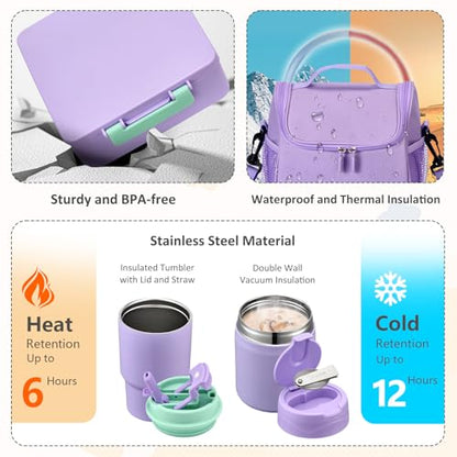 Pawtong Lunch Box Set with Bento Box Container, 17OZ Stainless Steel Food Soup Thermo, Kids Water Bottle & Portable Insulated Lunch Bag – Leakproof, Hot/Cold Retention for School, Travel (Purple) - color: Purple