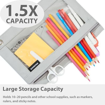 SPACEMATE Binder Pencil Pouch Case Box Bag for 3 Ring Binder School Supplies Girls Boys Kids, Clear Preppy Stuff Large Aesthetic Pen Organizer, Back to College Stationary, 1 Pack, Gray - color: Gray