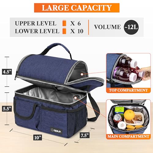 opux Insulated Lunch Bag Women Men, Dual Compartment Leakproof Lunch Box Adults Kids, Double Decker Meal Prep Bento Lunch Cooler Tote with Shoulder Strap for Work Office School Travel, Navy Blue - color: Heather Navy