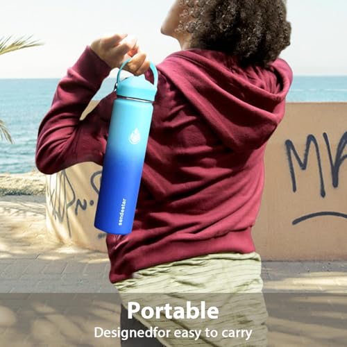 SENDESTAR Stainless Steel Wide Mouth Water Bottle 24oz Double Wall Vacuum Insulated Leak Proof Bottle with New Flex Straw Lid & Spout Lid - color: Day&Night-A, size: 24 Ounces