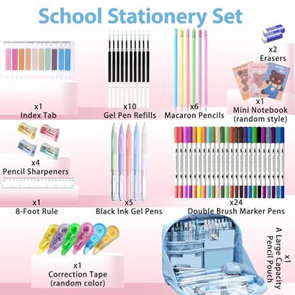 56 PCS Aesthetic School Supplies with Large Pencil Case, 24 Double Brush Marker Pens, 5 Black Ink Gel Pens, 6 Macaron Pencils, 4 Sharpeners, Sticky Notes, Ruler, Erasers, Stationery Gift - color: Blue