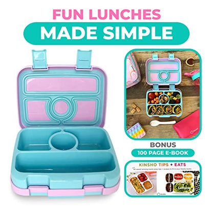 kinsho Kids Bento Lunch Box, Reusable Meal and Snack Container, Lunch Boxes for Small Girls & Toddlers Lunches, 4 Compartment - School, Daycare, Drop-Proof BPA Free, Purple Rainbow - color: Rainbow Bento