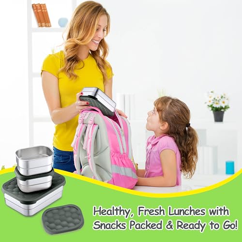 Homikit 3 Pack Kids Lunch Box Set, 18/10 Stainless Steel Bento Boxes with Silicone Lids Leak Proof, 5 Cups Reusable Metal Food Snack Containers for School Daycare, Nontoxic & Dishwasher Safe, Gray - color: Gray, size: Medium
