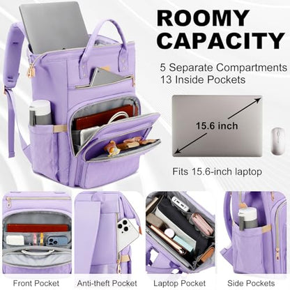 AIJIEKE Lunch Backpack for Women, 15.6 Laptop Backpack, Lunch Box, Purple | Water resistant computer bag with insulated leakproof cooler. Travel meal prep backpack for nurse, teacher, college commute - color: Purple