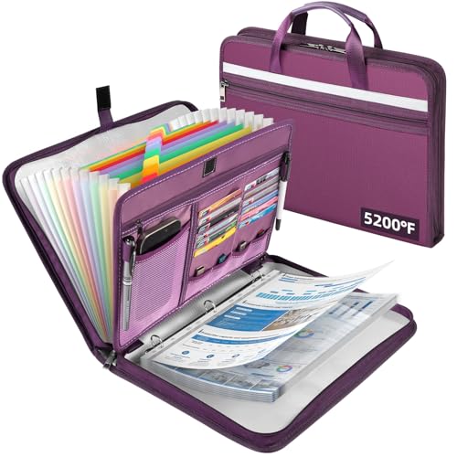 Fireproof Document Bag with Accordion File Organizer(Purple) | Upgraded 5200°F Aluminum Foil Fire Protection, Zipper Expanding File Binder Folders with 30 Sheet Protector - color: Purple