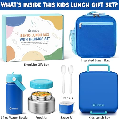 Fimibuke Bento Box for Kids Adult - Leakproof 3-4 Compartments Lunch Bento Box Set with Insulated Food Jar, Water Bottle, Lunch Bag, Sauce Cup & Cutlery for Toddler Teen Shcool Girl Boy Age 3+ - color: A4.Blue