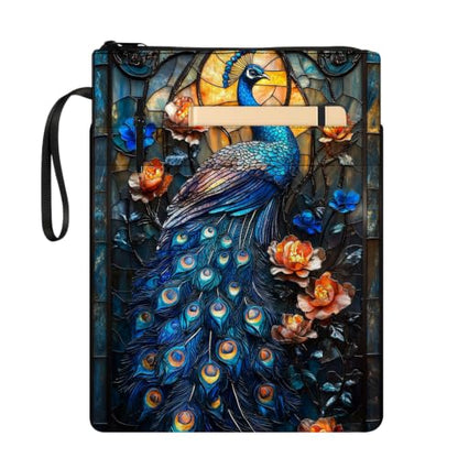 Padded Book Sleeve with Zipper & Front Pocket, Fabric Book Cover | Stained Glass Peacock Bird11.4"x8.7" Washable Canvas Pouch for Hardcovers, Tablets & Reading Accessories - color: Stained Glass Peacock Bird