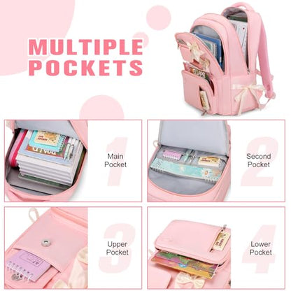 Bevalsa Backpack for Girls, Bow Kids Backpack with Bento Lunch Box, Insulated Bag & Utensils, 34oz Lunch Containers, Cute School Bookbag for Girls Children Teens for Elementary Middle Student (Pink) - color: Pink