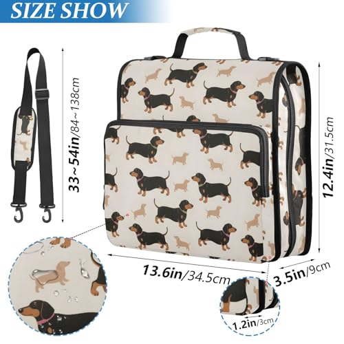 Dachshund Pattern Zipper Binder 3 Ring with Handle and Shoulder Strap, 500 Sheet Binder Organizer Capacity & Multi-Pockets for School Office