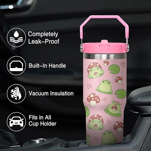 Queen Hero 30 oz Frog Tumbler with Handle, Large Insulated Tumbler with Flip & Straw Coffee Mug Cup Stainless Steel Gifts for Women Men Youth - color: Green Pink