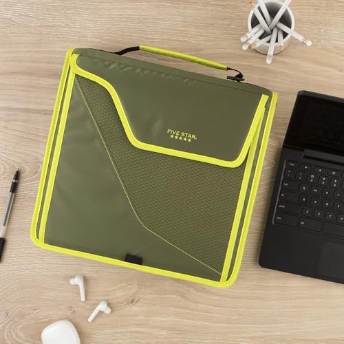 Five Star Zipper Binder, 3 Inch 3-Ring Binder with D Rings, Removable Padded Case, 5-Tab Expanding File and Multi-Use Strap, 850 Sheet Capacity, Olive/Citrus (292960C) - color: Olive/Citrus, size: 3 Inch
