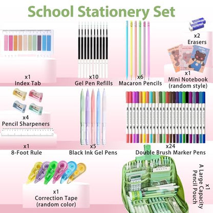 Ristpal 56 PCS Aesthetic School Supplies with Large Pencil Case, 24 Double Brush Marker Pens, 5 Black Ink Gel Pens, 6 Macaron Pencils, 4 Sharpeners, Sticky Notes, Ruler, Erasers, Stationery Gift - color: Green