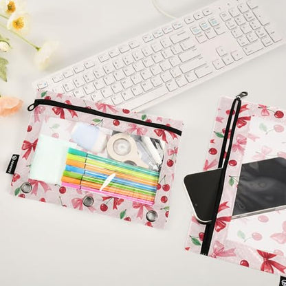 2 Pack Pencil Pouch for 3 Ring Binder Cherry Pink Bow Pencil Case Pouch with Clear Window Zipper Binder Pencil Pouches Pen Bag for Office School Supplies - color: Cherry Pink Bow