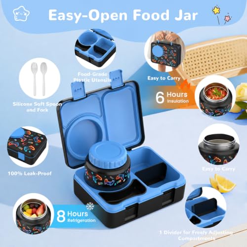 Kids Lunch Box with Thermo, Leakproof Bento Box for Kids with 8OZ Insulated Food Jar, Ice Pack, Sauce Cup, Utensils, Removable Tray & Dividers for School Daycare Travel (Game controllers) - color: Game controllers