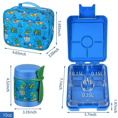 Bento Lunch Box Set for Kids with 10oz Soup Thermo, Leak-Proof Lunch Containers with 4 Compartment, Kids Thermo Hot Food Jar and Insulated Lunch Bag for Kid to School,BPA-Free(Dragon) - color: Blue-Tyrannosaurus Rex