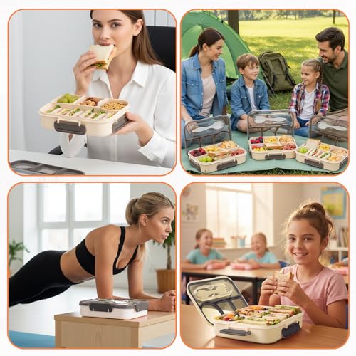 Bento Box for Adults,4 Compartments Lunch Box, Snack Containers Reusable Lunch Containers Drop-Proof, Dishwasher Safe & Made with BPA-Free Materials, Beige - color: Beige