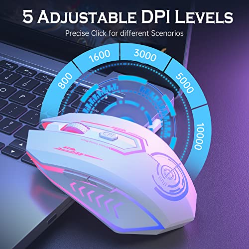 UHURU Gaming Mouse, Wireless Gaming Mouse with 6 Buttons 7 Changeable LED Color up to 10000 DPI, Rechargeable USB Gamer Mouse for PC Laptop (White) - color: white