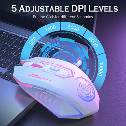 UHURU Gaming Mouse, Wireless Gaming Mouse with 6 Buttons 7 Changeable LED Color up to 10000 DPI, Rechargeable USB Gamer Mouse for PC Laptop (White) - color: white
