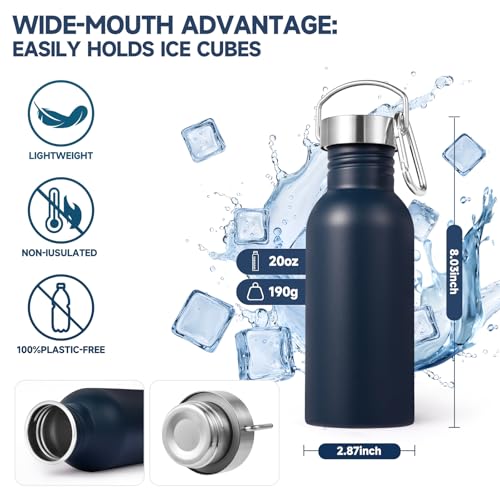 Volhoply 20oz Uninsulated Single Walled Water Bottle, Stainless Steel Reusable Water Bottles with Handle & Carabiner, BPA Free 18/8 304 Sports Water Bottles for Camping Hiking（Navy,1） - color: Navy