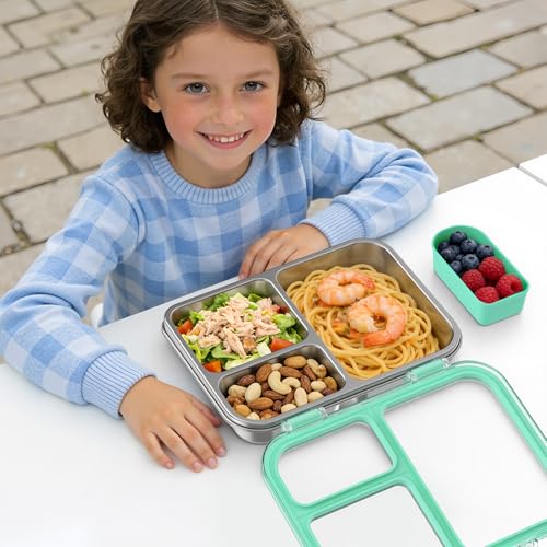 Stainless Steel Bento Box for Kids, 3-Compartment Metal Lunch Box with Clear Lid & Removable Silicone, Lunch Box Kids with Silicone Inner Container for Meal Prep, School, Office (Blue) - color: Blue