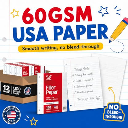 Woodlake Loose Leaf Paper Bulk, Wide Ruled Notebook Paper, 8 x 10.5 Inch Filler Paper, 3-Hole Punched Lined Binder Paper, 60 GSM, 150 Sheets/Pack, 1,800 Sheets Total, Made in USA for School & Office - color: Wide Ruled, size: 12 PACK(1800 SHEETS)